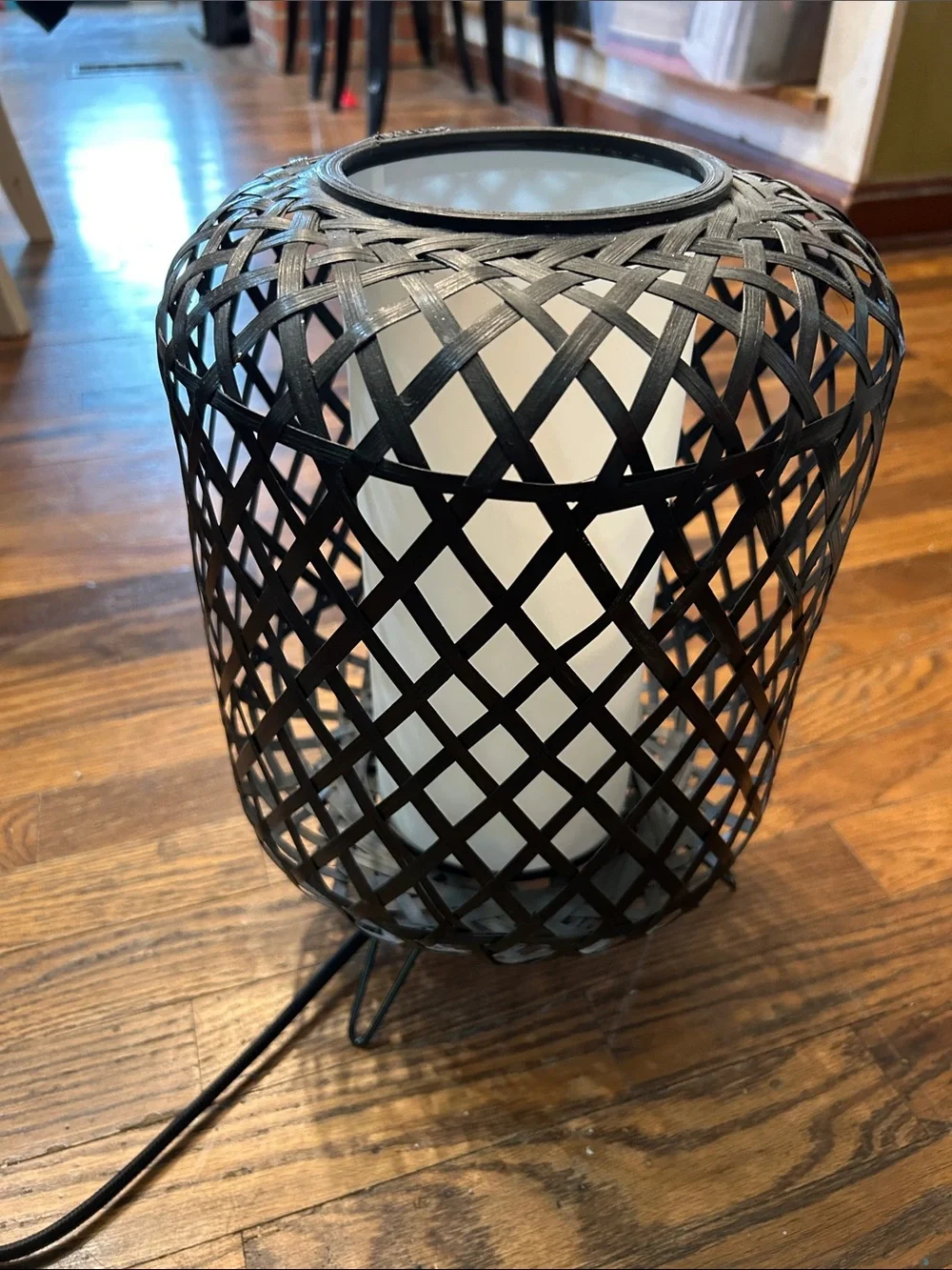 Woven Straw Table Lantern with White Insert - Black